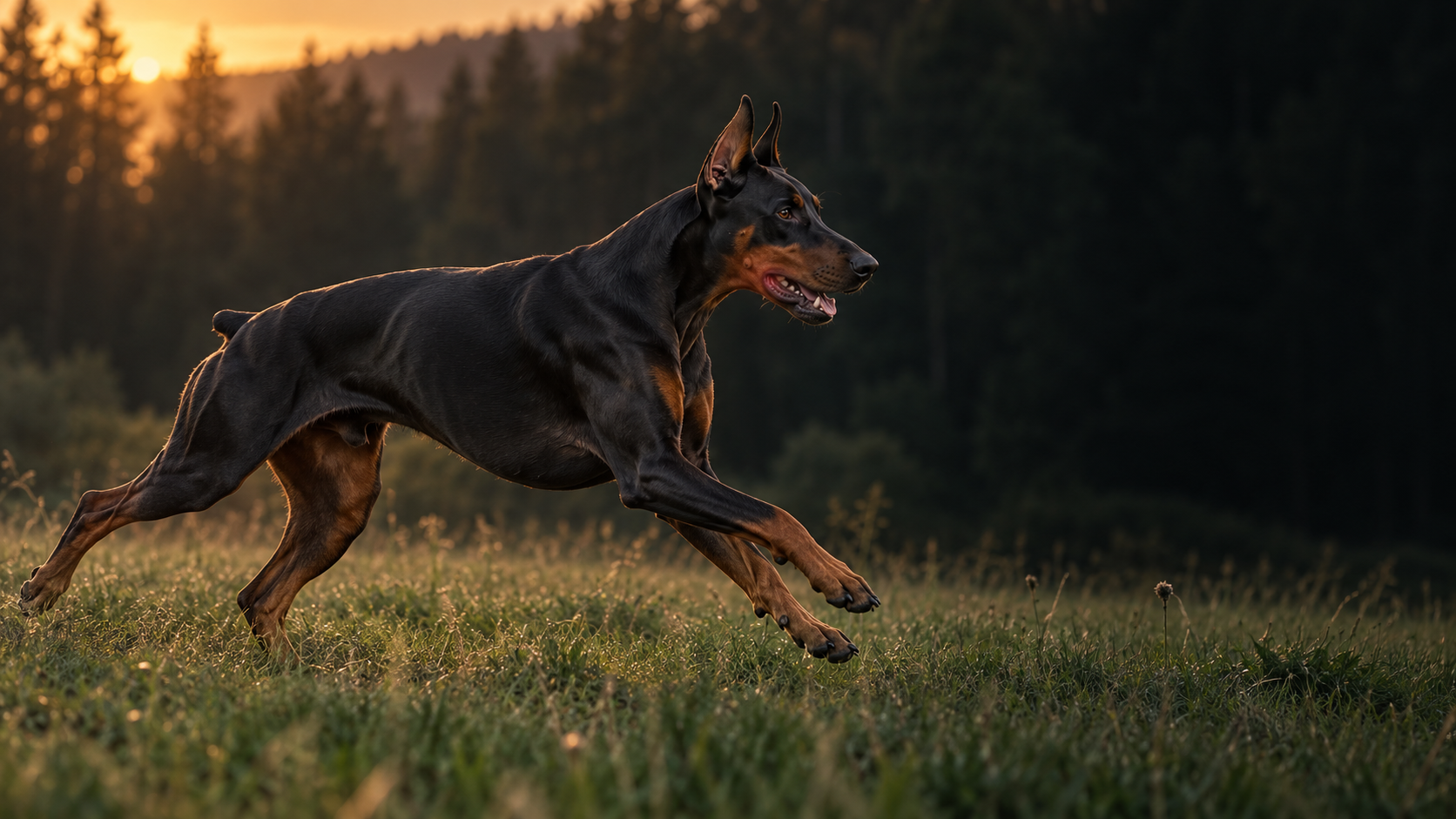Illustrative image of a Dobermann running in a field at dusk
