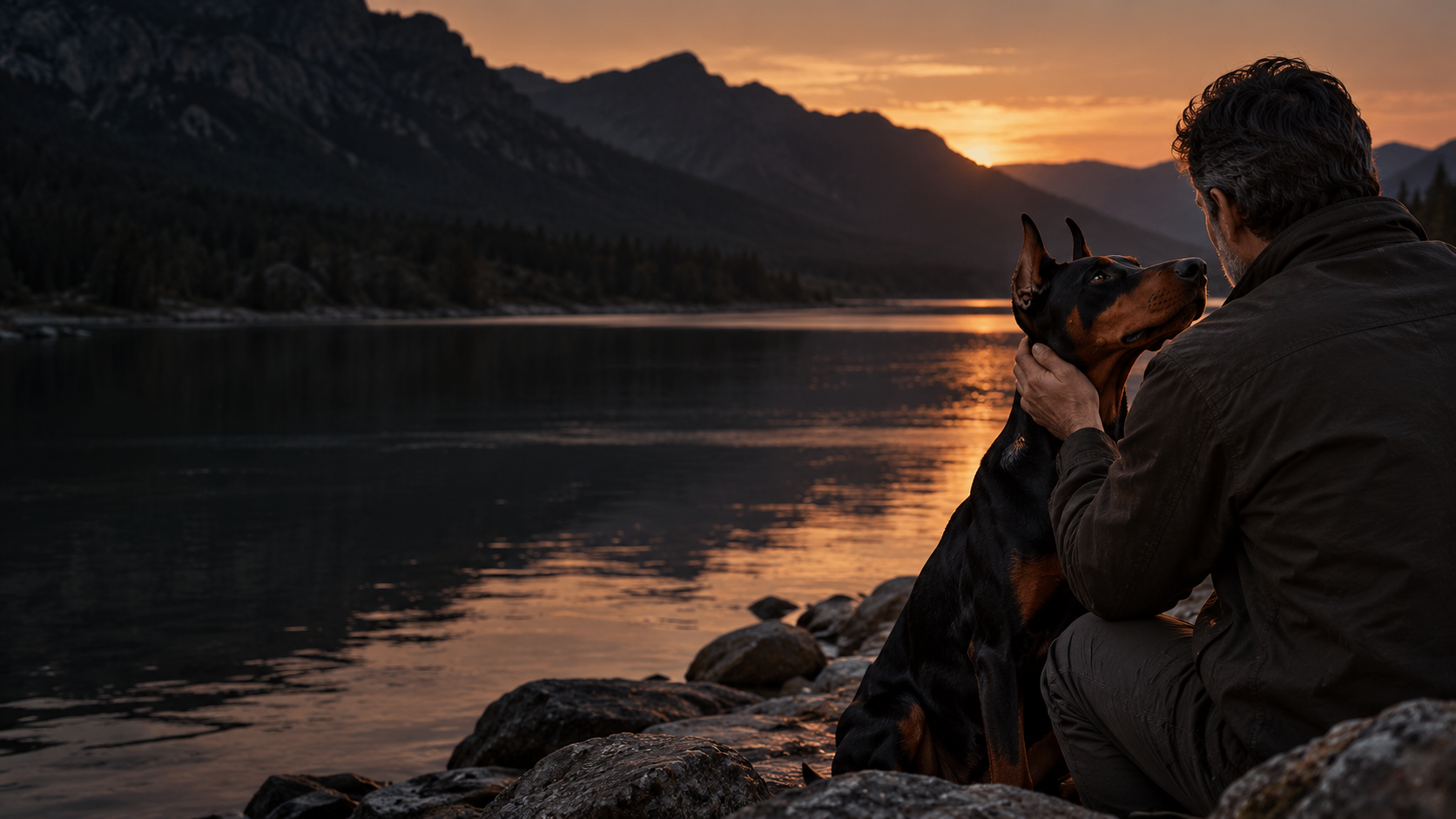 Illustrative image of a person and Dobermann beside a lake at dusk