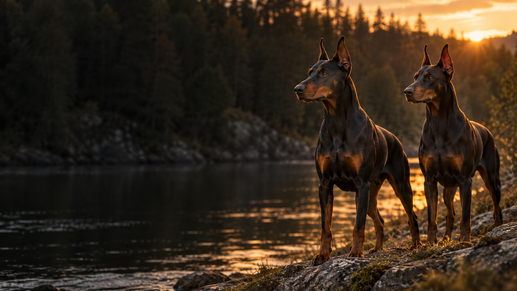 Illustrative image of two Dobermanns beside a river at dusk
