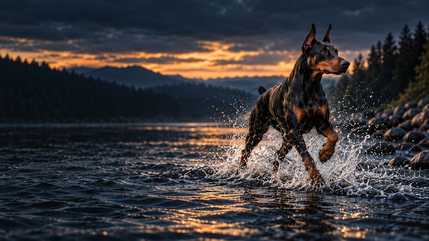 Illustrative image of a Dobermann moving through water at dusk