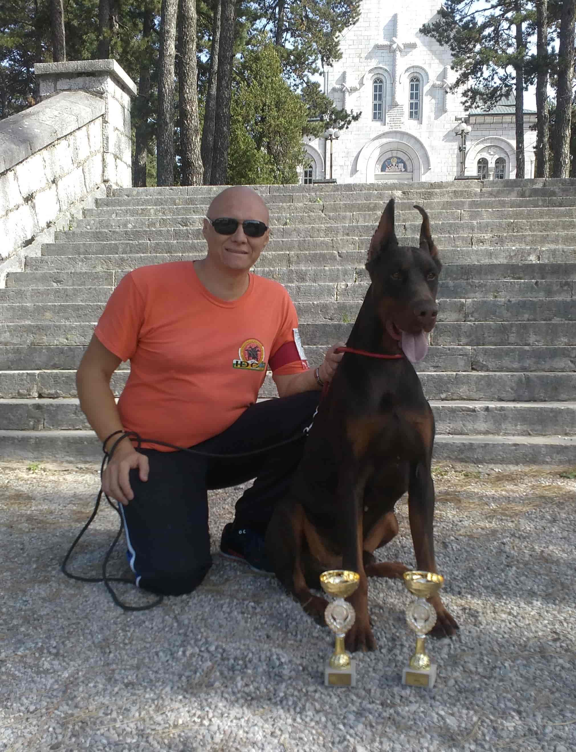 Milan Rudović with a Dobermann and show trophies